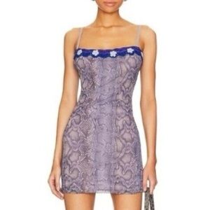 Danielle Guizio Floral Crochet Snakeskin Mesh Mini Dress in Blue Club Size Large